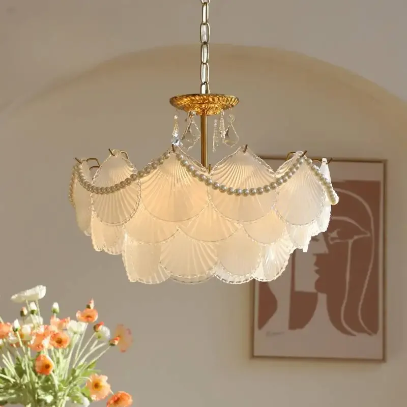 

French shell glass chandelier retro American light luxury dining bedroom living pearl crystal lamps