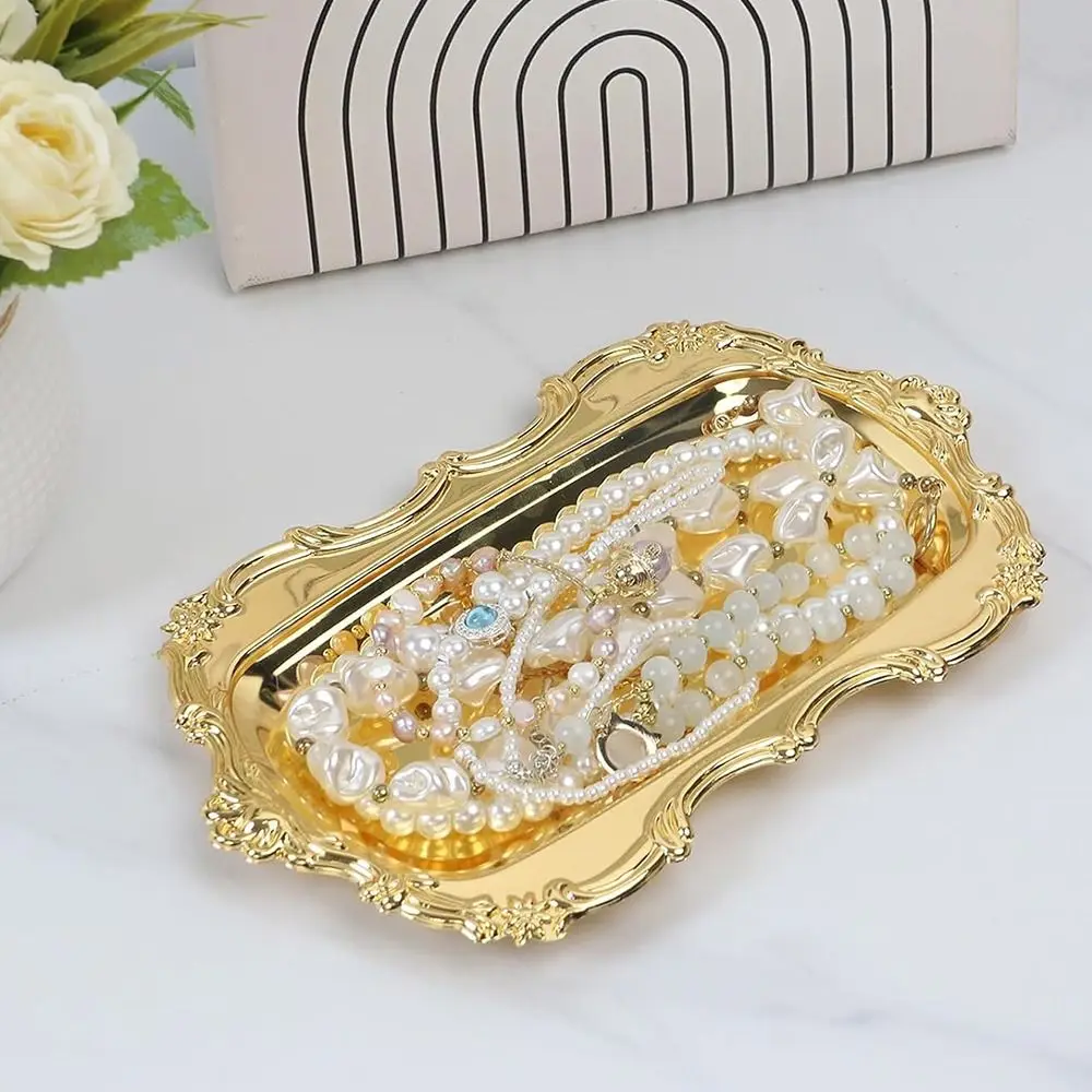 European Style Vintage Embossed Tray Gold/Silver Sturdy Desserts Plate Embossed Design Save Space Jewelry Decoration Plate view 5