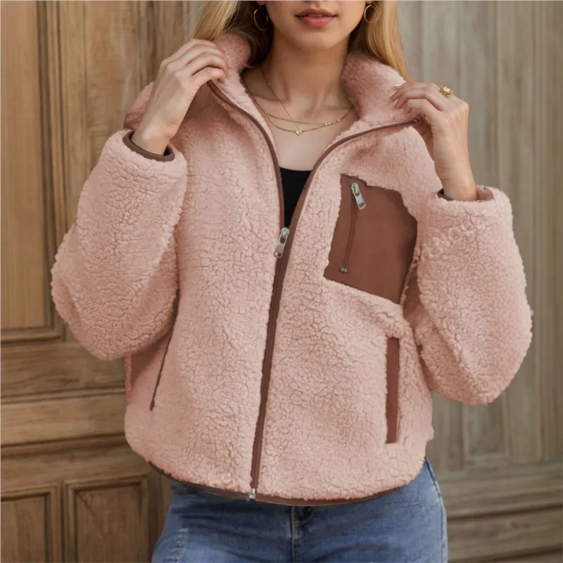 Women Fleece Jacket Coats Stand Collar Full Zip Long Sleeve Contrast Pocket Warm Casual Loose Coat Lady Autumn Winter Outerwear