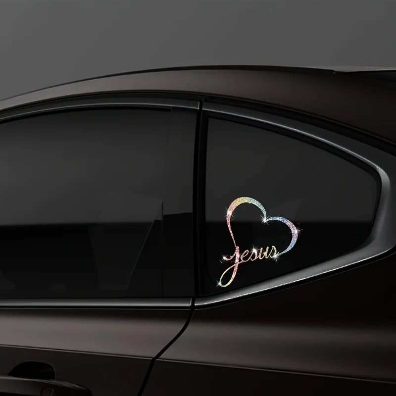 1PC Jesus Heart Imitation Diamond Glitter Car Stickers Waterproof for Auto Window Rear Windshield Bumper Universal Vinyl Decals image 3