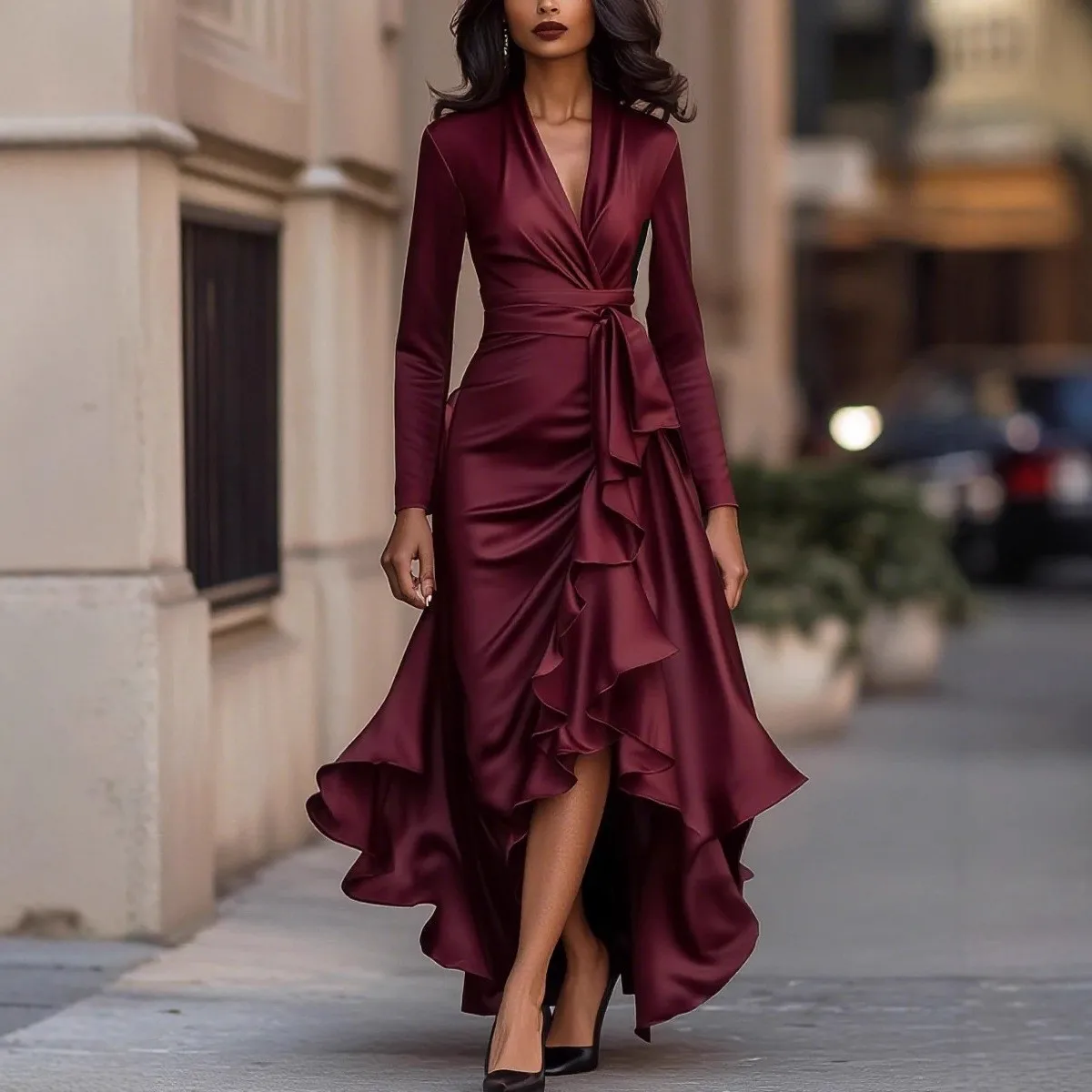 Women's Elegant V Neck Long Sleeve High Waist Ruffle Satin A Line Long Dress for Wedding Guest Party Prom Wedding Party Guest