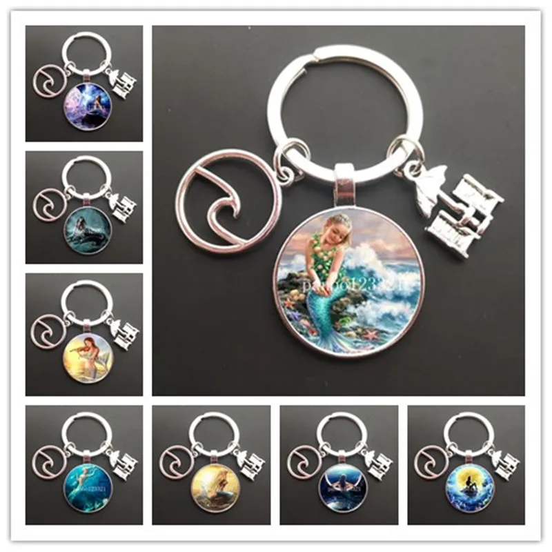 

2021 new beauty mermaid girl gift dream come true round glass cabochon keychain car keychain ring holder charm gift keychain