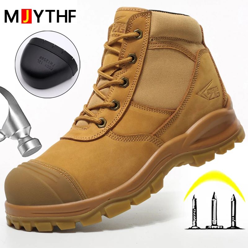 Genuine Leather Men's Boots Safety Shoes Indestructible Work Boots Steel Toe Shoes Puncture-Proof Security Protective Shoes Male