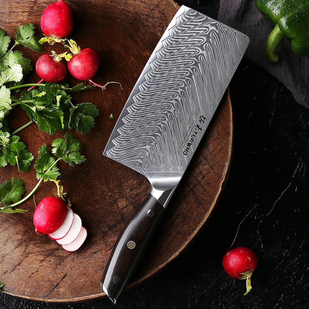 Turwho 7 inch Damascus steel Cleaver 67 layer, sharp and durable blade, meat and vegetable slicer, kitchen tool, Ebony handle