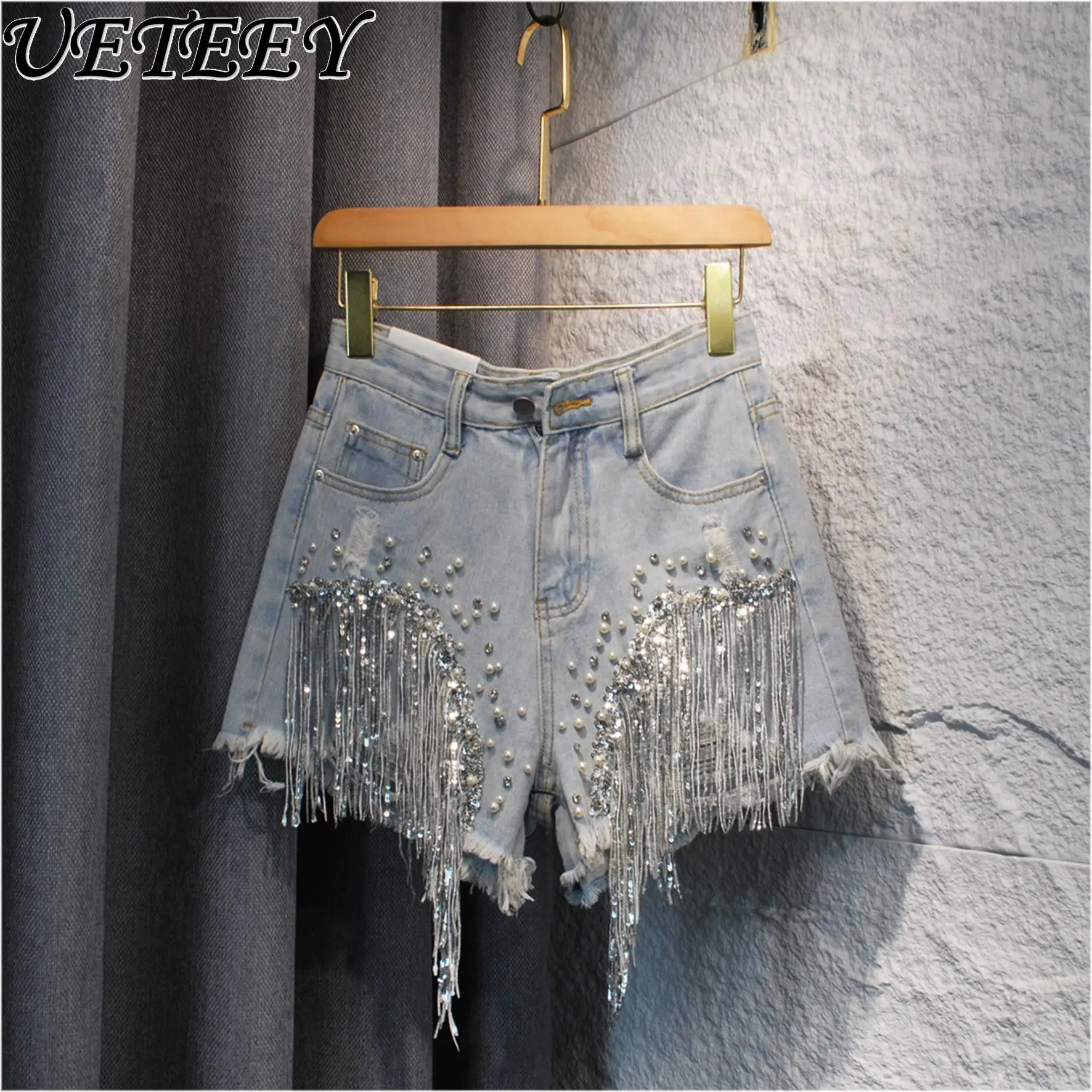 

Denim Shorts for Women Summer 2025 New High Waist Heavy Industry Short Jeans Diamond Fringed Wide Leg A-line Hot Pants Tide