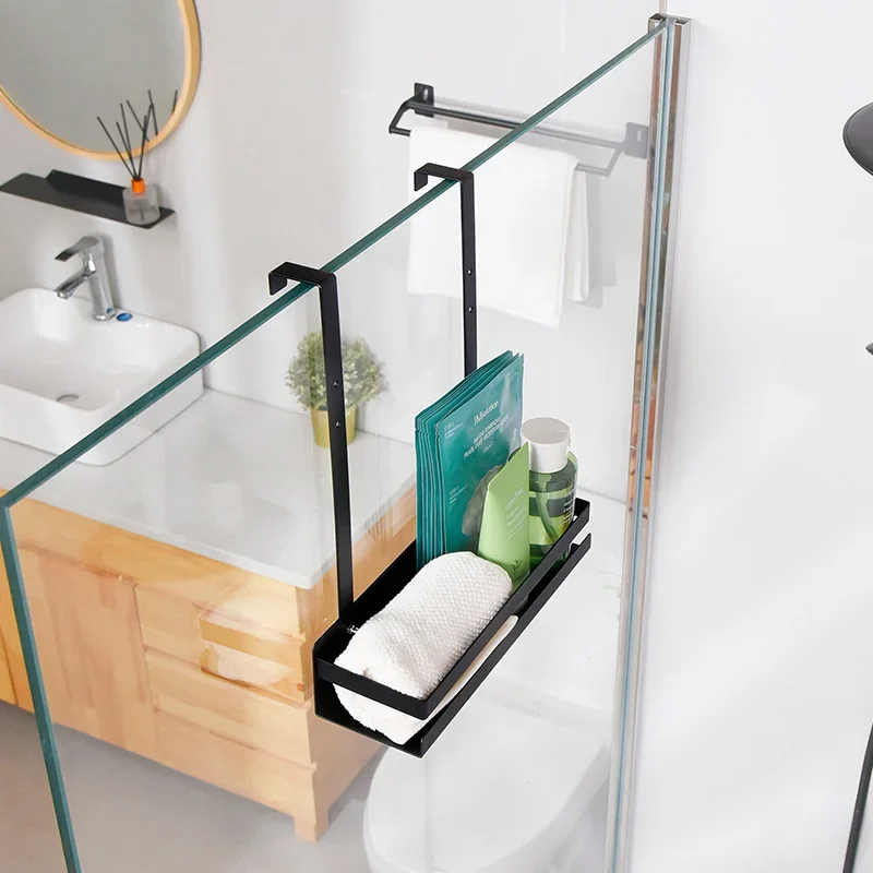 Double Layer Bathroom Shelf, Easy-To-Clean Shower Storage Rack with Door Hanging Basket, Space Optimizing Design