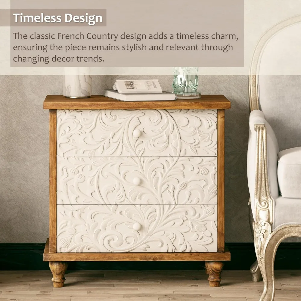 خزانة مزرعة مكونة من 3 أدراج مع عزر زهور منقوشة، منضدة عتيقة لغرفة النوم، مجمعة بالكامل تقريبًا