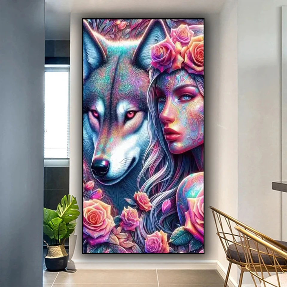 Rose Woman And Wolf Diy Diamond Painting New 2025 Cross Stitch Kits Gothic Full Diamond Mosaic Embroidery Halloween Gift