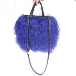 2023 Women Real Mongolia Lamb Fur Bag Natural Sheep Fur Handbag With Long Belt Real Lamb Fur Handle Bag