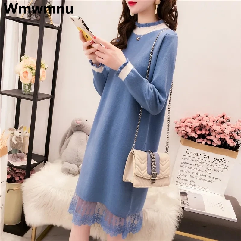 

Lace Patchwork Loose Knitted Dress Thick Korean Women Midi Knitwears Vestidos Autumn Winter New Dresses Elegant Sweater Kleid