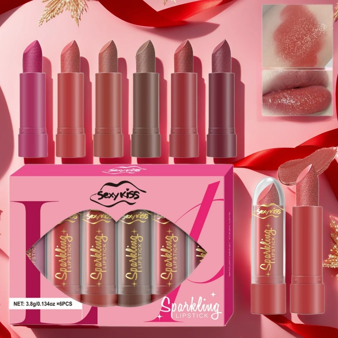 6PCS/Set Shiny Lipstick Suit Lip Makeup Cream Moisturizing Lipstick Meat Color Pink Red Purple Lip Gloss Nude Color Not E