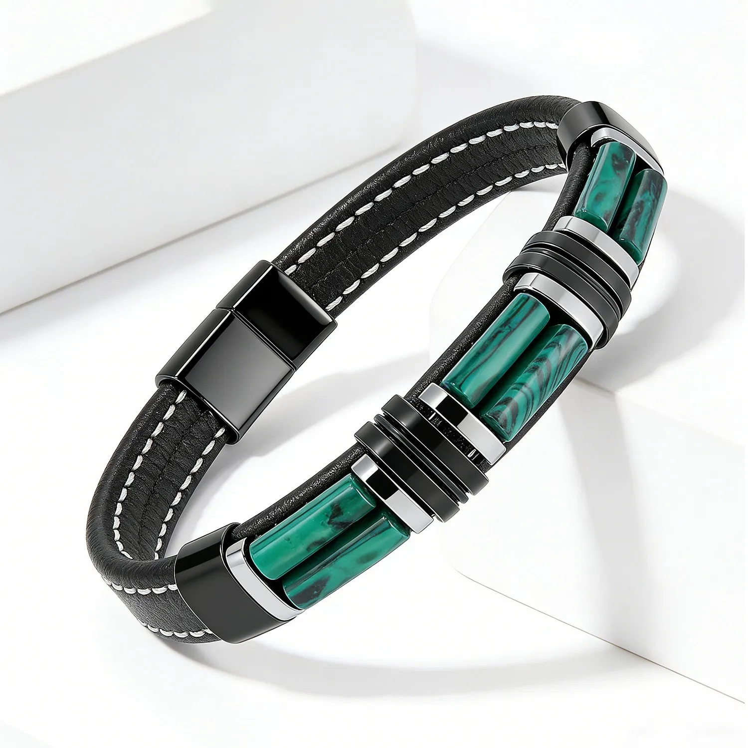 Men's Stainless Steel Bracelet Natural Stone Braided Leather Magnetic Clasp Trendy Fashion Jewelry for Men Daily Wear