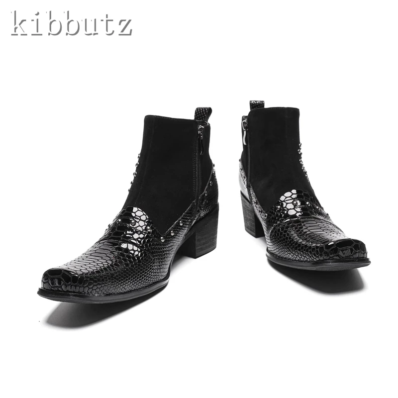 Men Square Toe Genuine Leather Boots Brand Design Patchwork Rivets High Heels Short Boots Comfortable Chelsea Ankle Boots