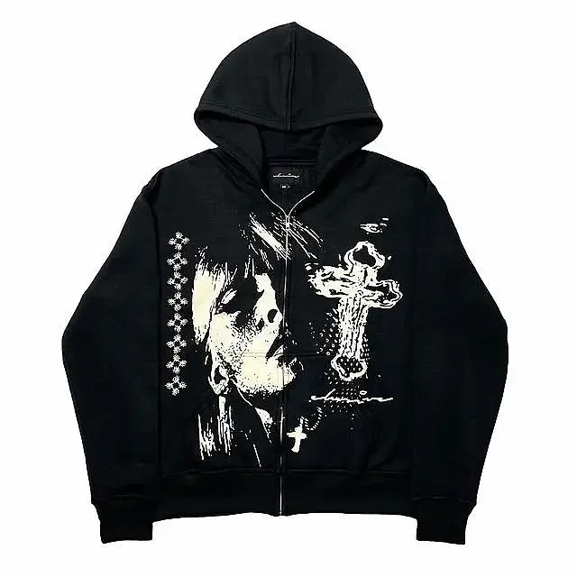 New American cross head print hoodie men black loose zipper street Harajuku oversized sweatshirt Y2K punk Japanese couple jacket