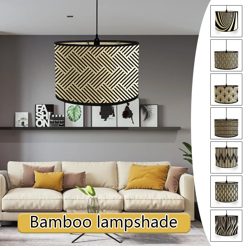 Japanese Homestay Art Geometric Printed Lampshade Abstract Retro Bamboo Crafts Chandelier Lampshade Home Decor Light Shade