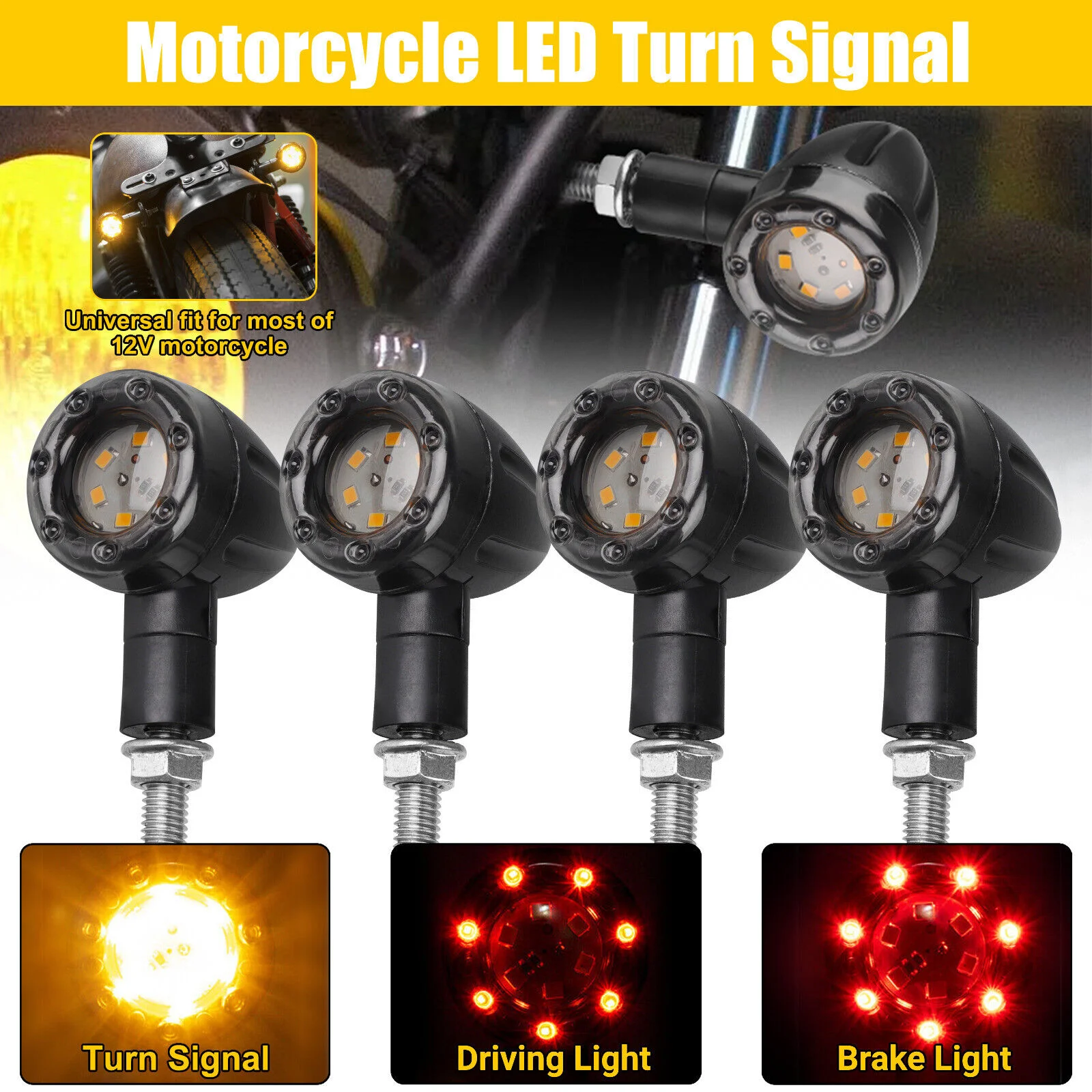 4Pcs Motorcycle Universal Flash Lights Amber and Red Turn Signal Tail Light Motorcycle LED Brake Light Indicator Warning Lamps