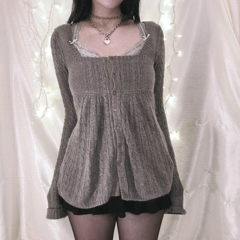 Women Y2K Cable Knit Sweater Long Sleeve Jumper Tops Spring Autumn Retro Mall Goth Emo 00s Vintage Tees Cardigan Knitwear