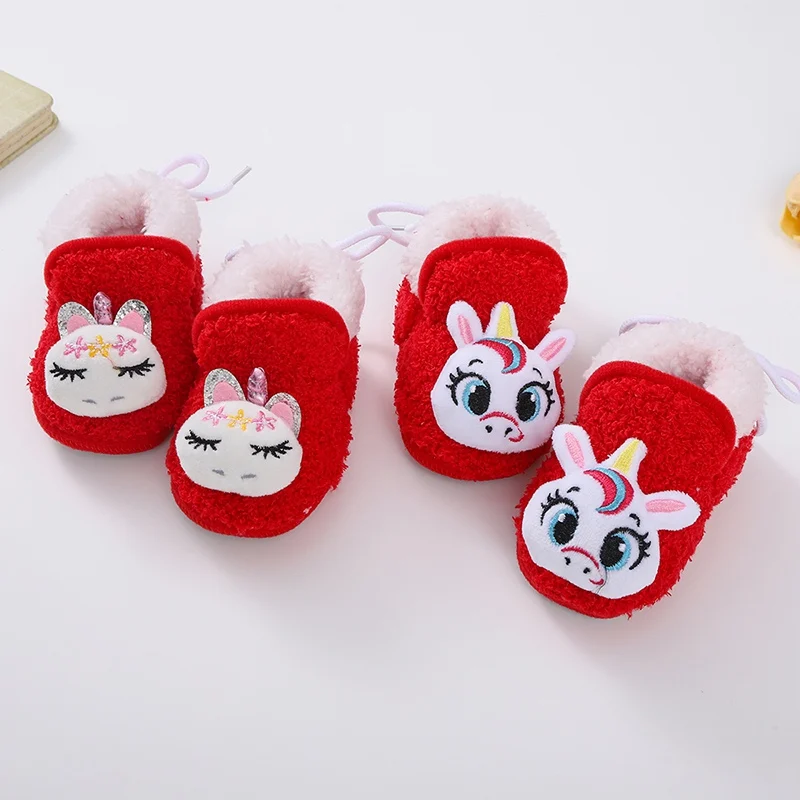 Winter Baby Shoes New Year\'s Cute Cartoon Head Plush Warm Soft Newborns Boy Girl Shoes First Walkers Warm Infant Crib Shoes