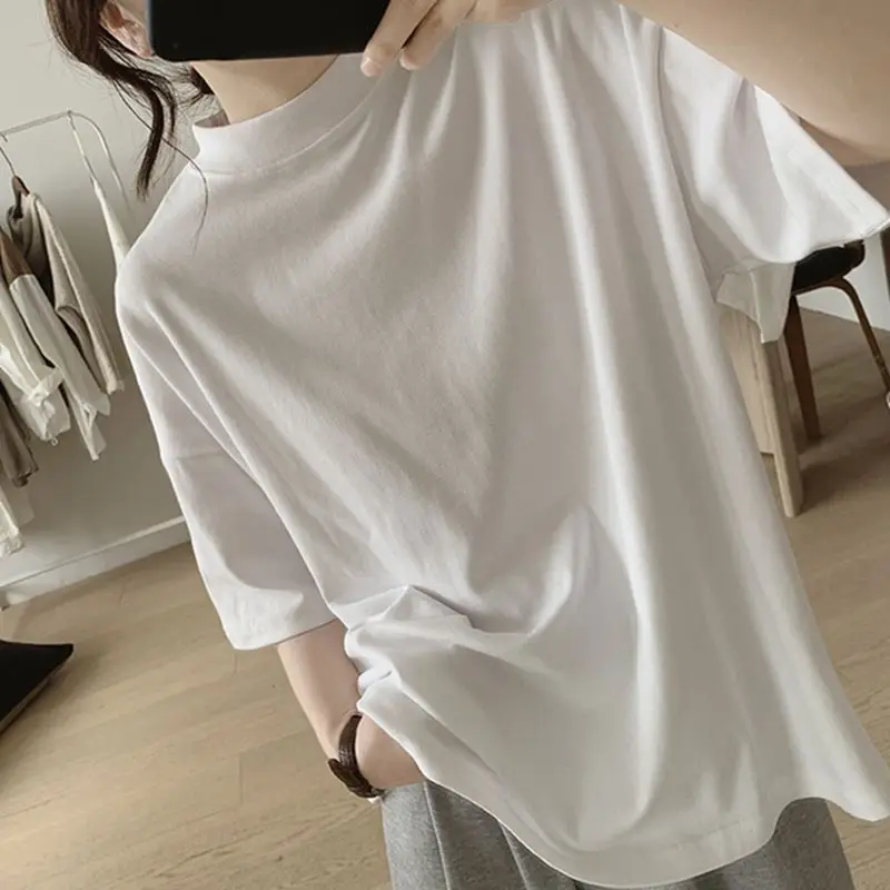 Summer New Solid Color Fashion Short Sleeve T-Shirts Women High Street Casual Loose All-match Pullovers Elegant Chic Cute Tops