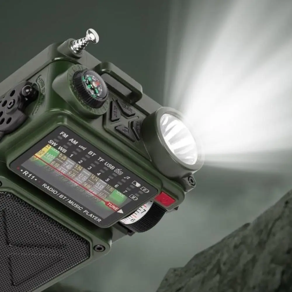 راديو شمسي محمول يعمل بالبلوتوث، تشغيل USB، بنك طاقة يعمل بالطاقة الشمسية، مصباح يدوي، بطاقة TF، راديو كامل النطاق للسفر