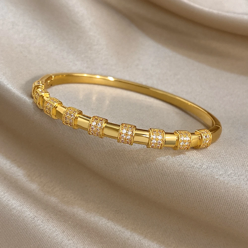 Luxury Bamboo Rhinestone Circle Cuff Bangle Bracelets for Women Gold Plated Copper Wristband Stacked Wedding Jewelry Gifts