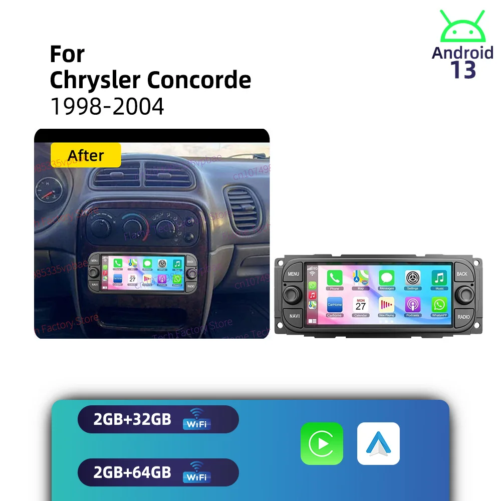 Radio GPS 1 Din, Unidad Principal Estéreo Android 13, Sistema Multimedia para Automóvil, para Chrysler Concorde 1998-2004, 6.86 Pulgadas, Carplay Inalámbrico, Autoradio