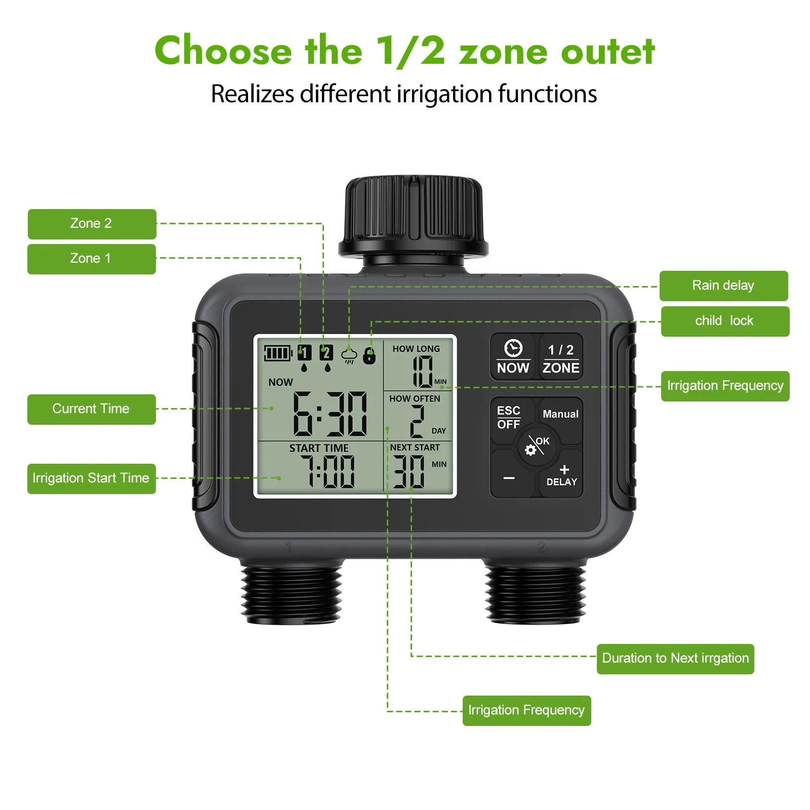 Water Timing System 2-Outlet Water Timer Precisely Watering Up Outdoor Automatic Irrigation Fully Adjustable Program