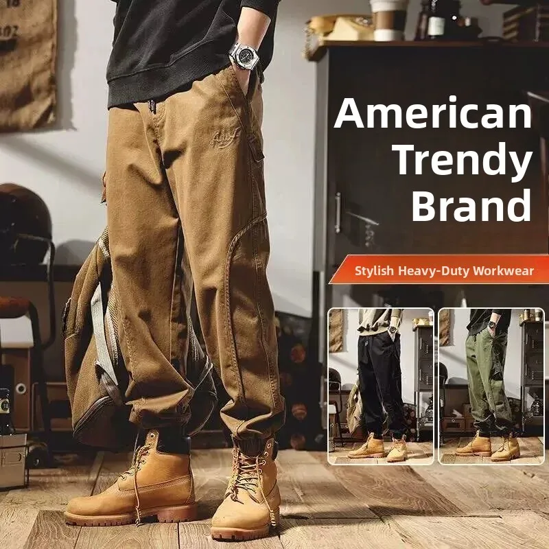Men's Casual Work Pants Autumn Winter American Retro Loose Wear Resistant Cuffed Trousers for Doing Heavy Duty Work