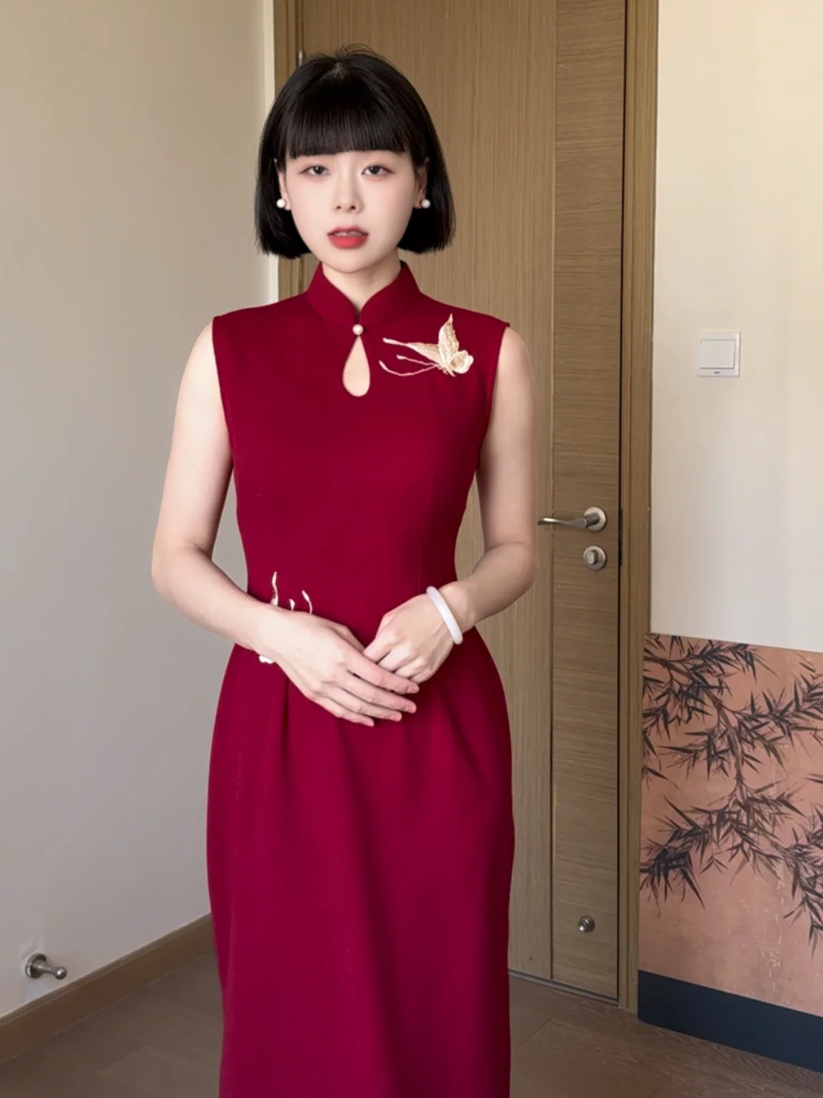 

Nancheng Old Story New Chinese Style Long Sleeve Red Wine Color with Golden for Women Elegant Formal Dres...
