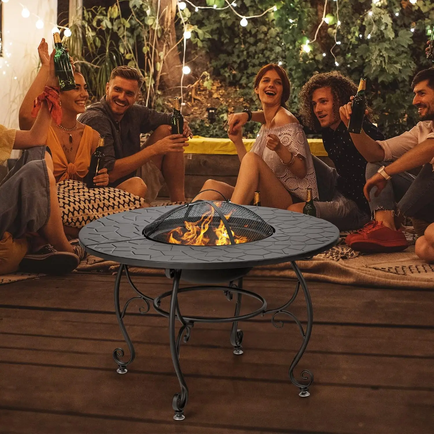 Outdoor Fire Pit Table, 4 in 1 36 Inch Round BBQ Garden Fire Bowl with Lid, Bonfire Wood Burning Fire Pit for Outside Backyard