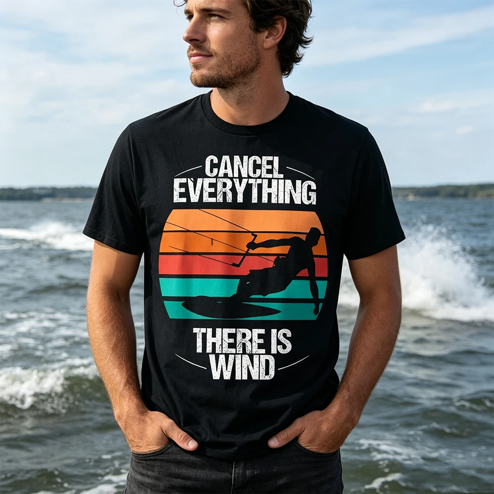 Kitesurfing Man T-Shirt Vintage Kiteboarder Cancel Everything Print Casual Cotton Tee Perfect for Kite Surfing Lovers Gift