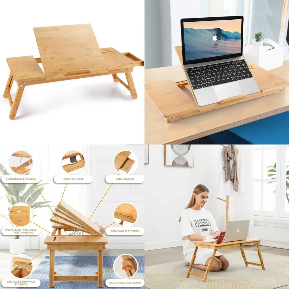 

Adjustable Bamboo Laptop Desk with 7 Tilt Positions - Foldable Bed Tray for Serving Breakfast, Coffee, and Tea