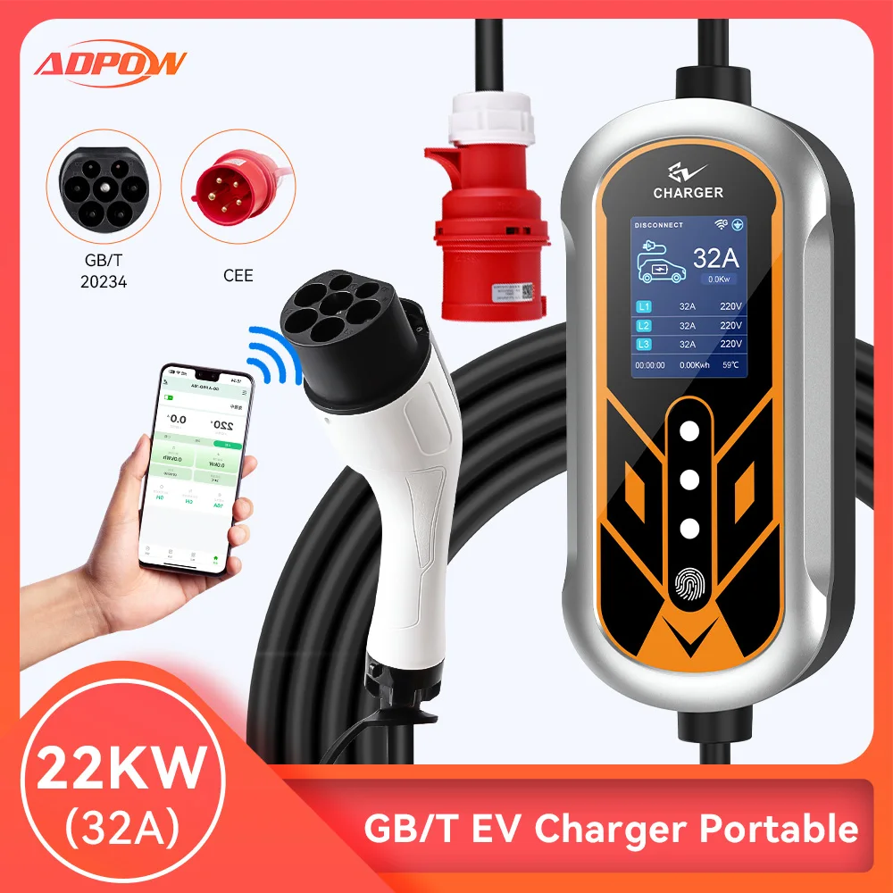 

ADPOW 22KW GBT EV Charger Portbale EVSE Charging 32A 3Phase Set Delayed Charging Time With APP Control