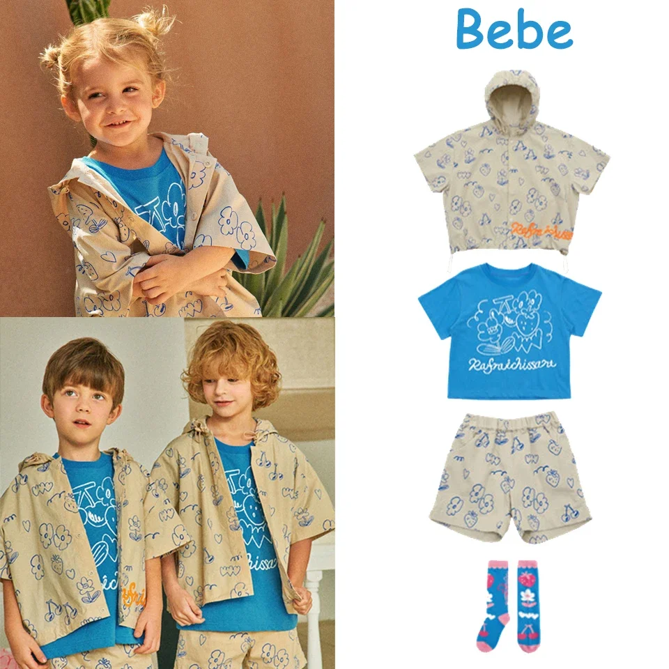 Conjunto de camiseta coreana con estampado de frutas para niños y niñas, sudaderas con capucha azules, ropa de cumpleaños para niños, 2024