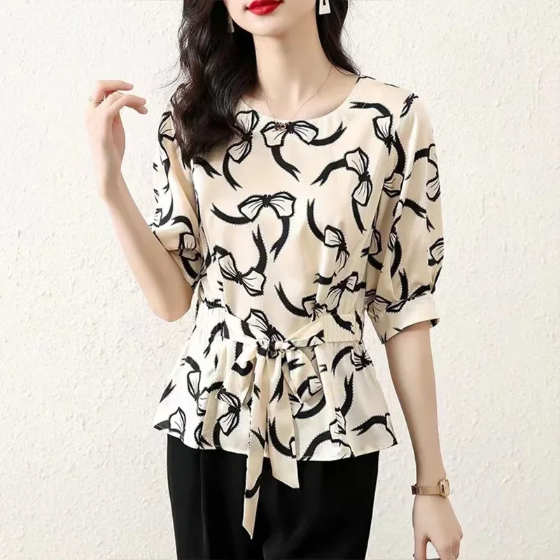 Camisa de gasa estampada de manga corta con estilo, Tops ceñidos en la cintura con temperamento informal de verano, ropa de moda para mujer