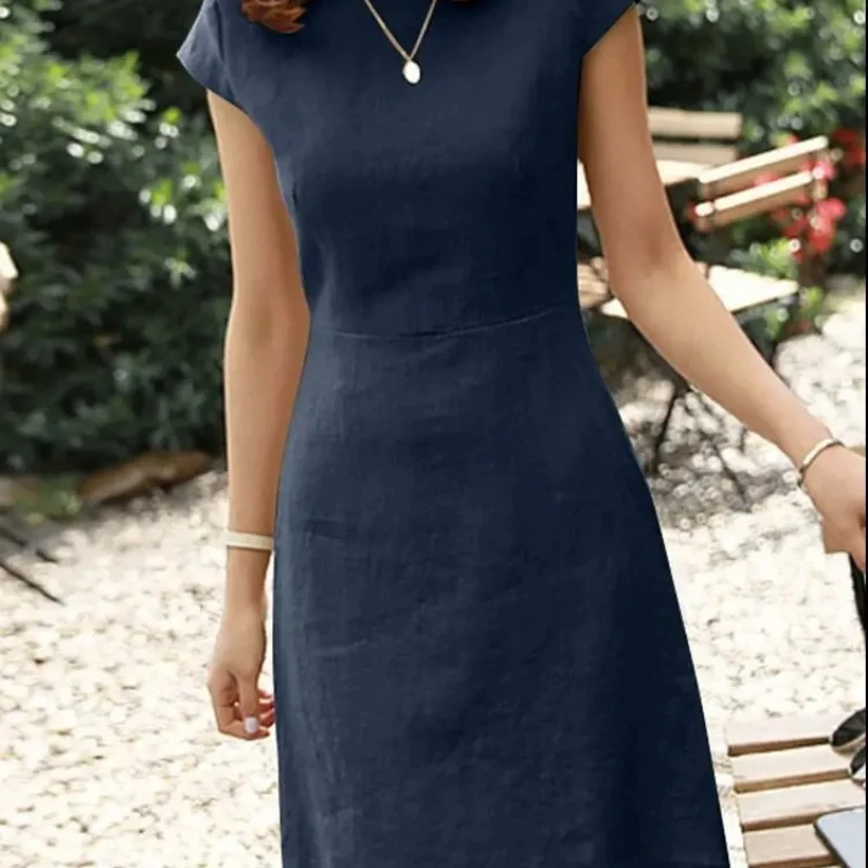 2025 Lente Katoen Linnen Damesjurken O-hals Korte Mouw A-lijn Casual Jurken Vrouwelijke Trendy Mode Losse Kleding Dames