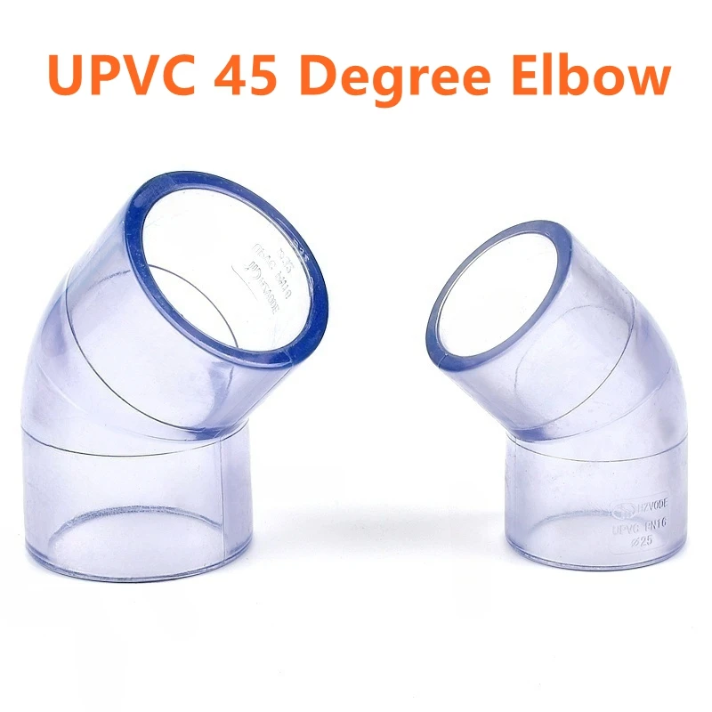 

1PC I.D 20~110mm Transparent Blue UPVC 45 Degree Elbow Connector Garden Irrigation Hydroponics Planting Frame Aquarium Fish Tank