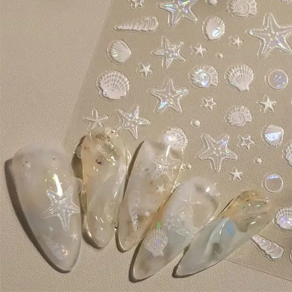 

1 Sheet Ocean Shell Jellyfish Nail Stickers Colorful Shell Conch Seastar Adhesive Nail Decal Mermaid Aurora Beach Shell Slider