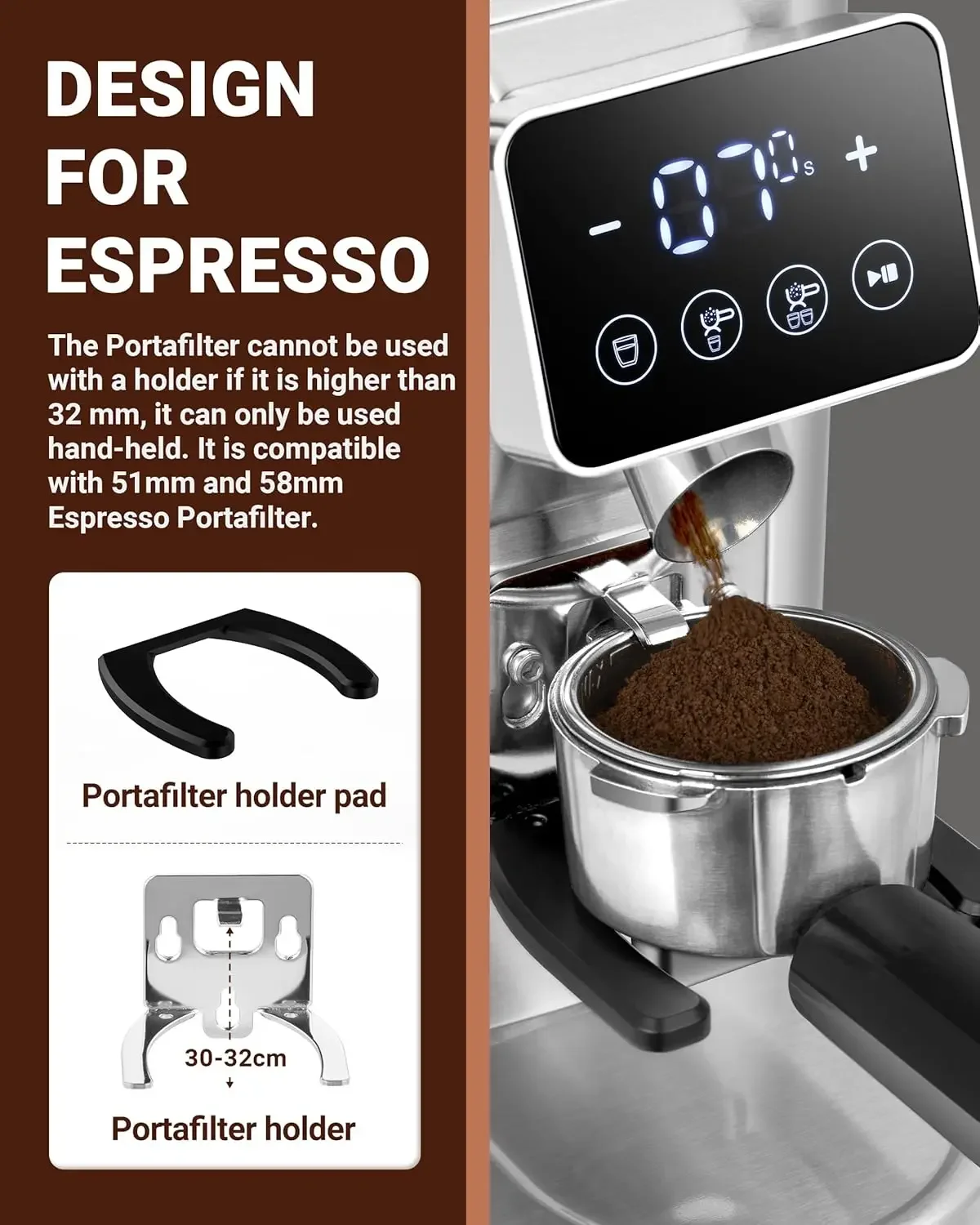 Coffee Grinder, Coffee Bean Grinder for Home Use with Precise Grinding, LED Control Panel, Detachable Funnel Stand, Anti