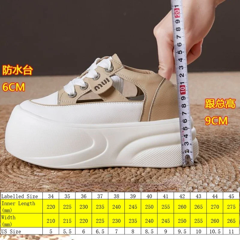 Krasovki 9cm Genuine Leather Boots Hollow Flats Breathable Sandals High Heels Women Sneakers Slipper Summer Platform Wedge Shoes