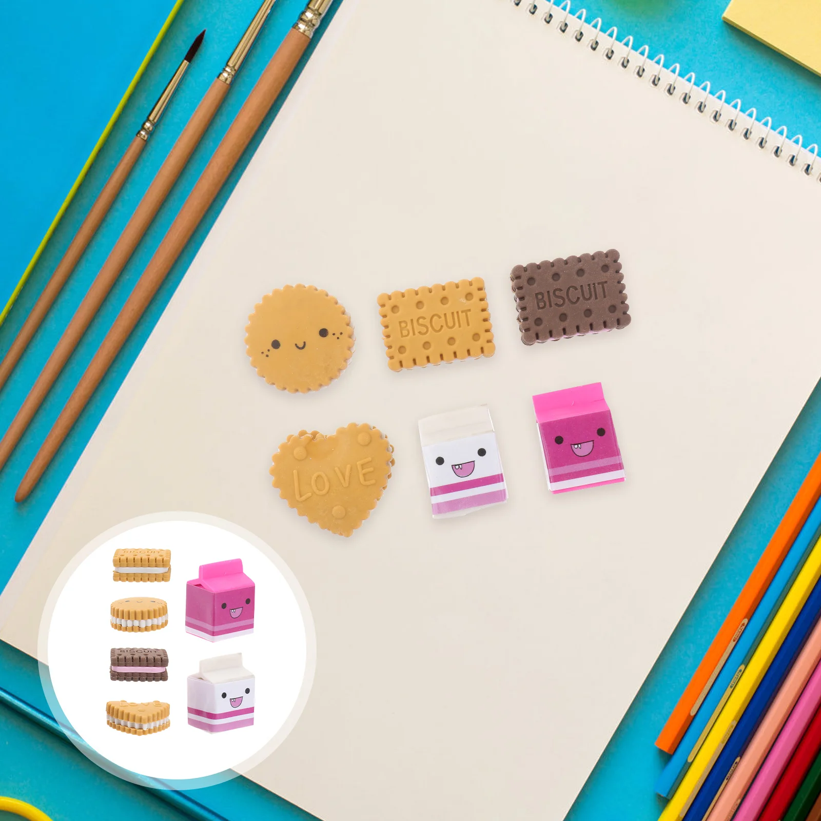 6 Pcs Funny Erasers Stationery School Supply Kawaii Supplies for Girls Kids Students Biscuit