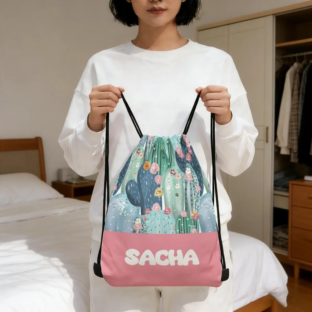 Custom Name Boho Cactus Floral Drawstring Backpack Personalized Sackpack Beach Outdoor Picnic Drawstring Gift Bag
