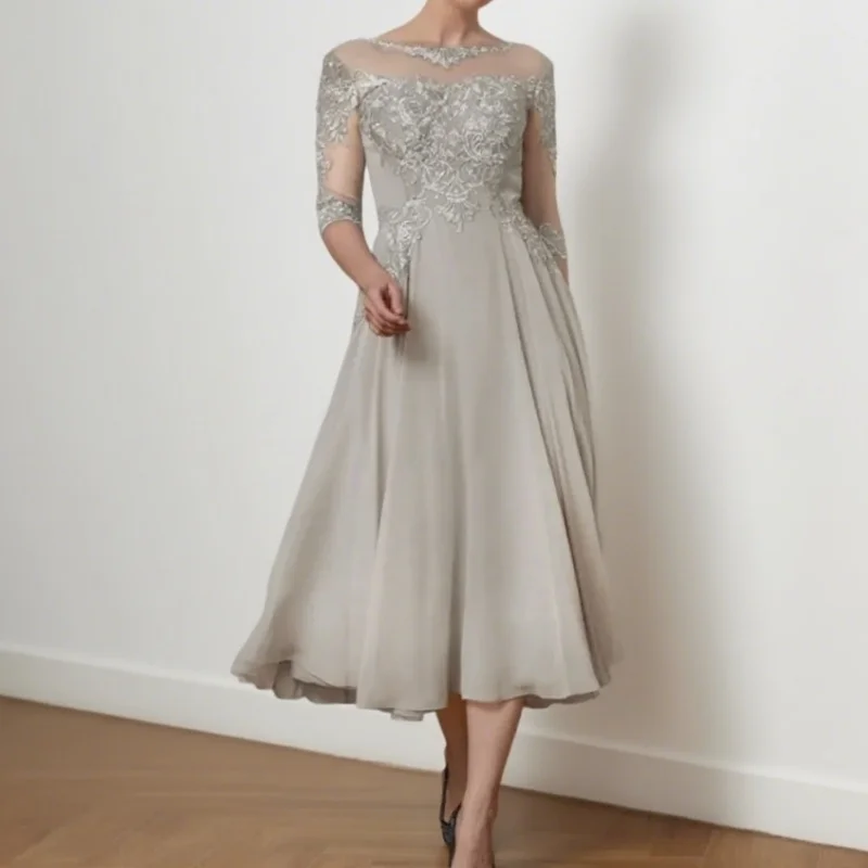 

Lace Neck Silver Chiffon Elegant Women Wedding Guest Dress Groom Mom Evening Formal Party Gowns Mother Of The Bride Dresses