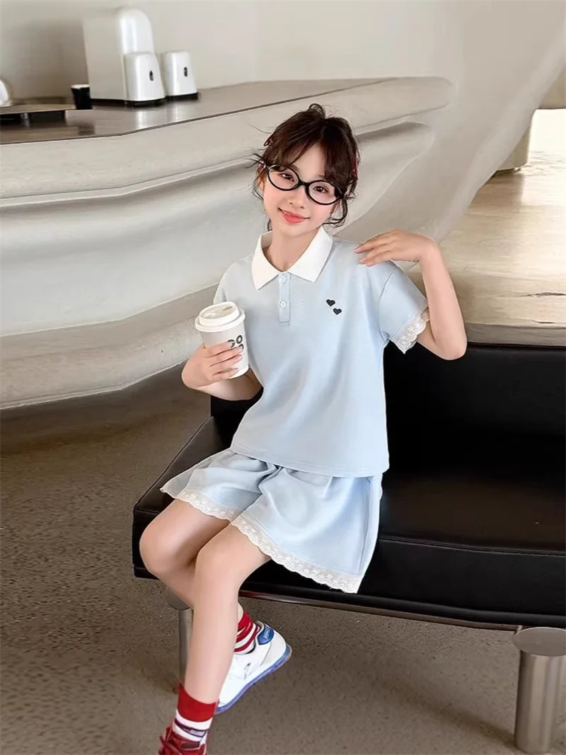 

Kids Fashion Summer Suits Girls Trend Lace Hem Top+Shorts 2Pc Outfits Children Loose Pants Thin T-shirt Soft Sets 5-14 Years