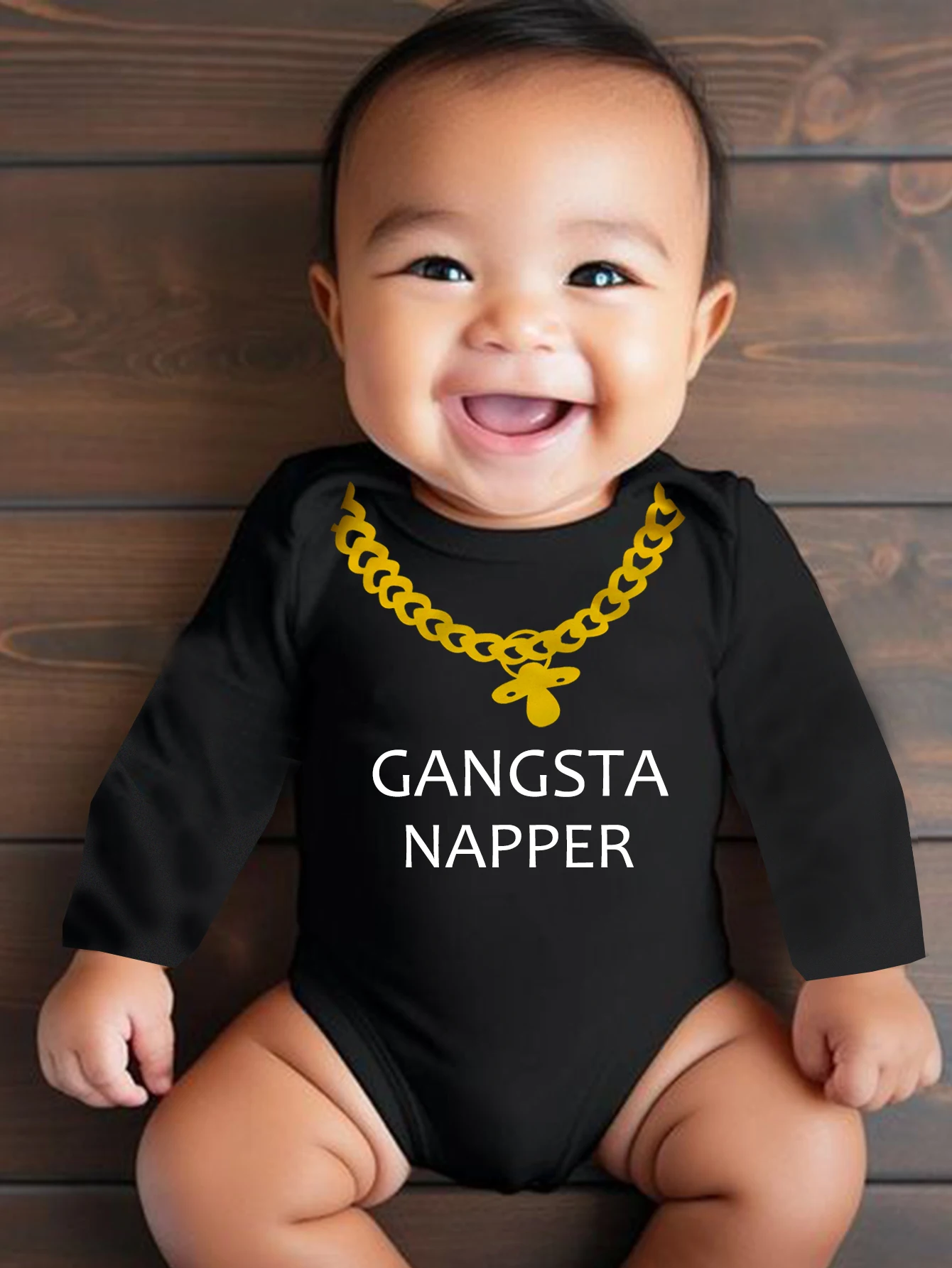 Gangsta Napper Engraçado Body Bebê Manga Longa Algodão Suave Impressão Corrente Ouro Roupa Bebê 0-12M