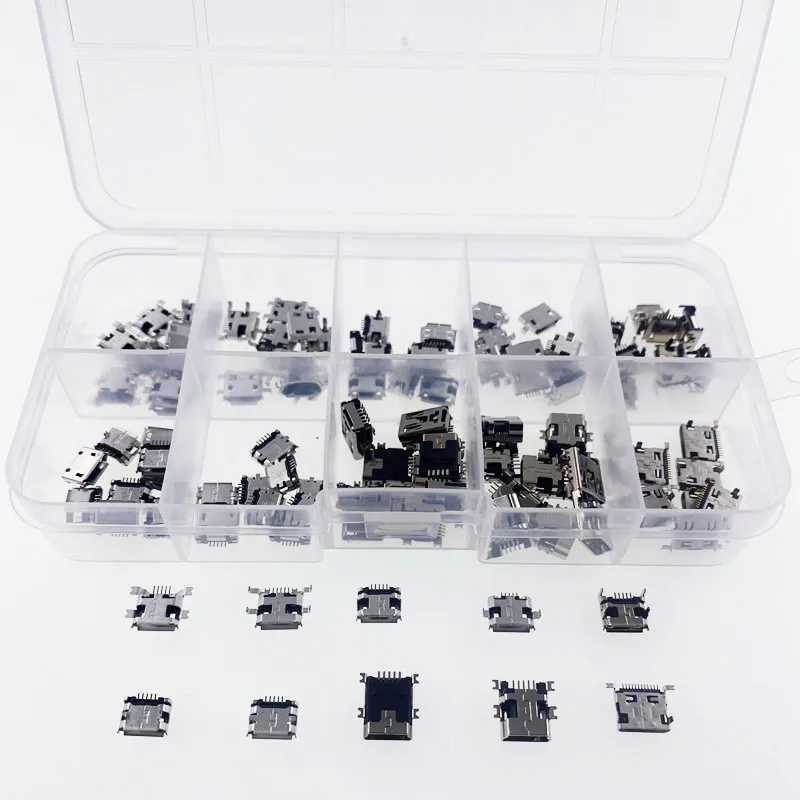 マイクロusbメスコネクタボックスセット-100個-10種類×10個-5ピン-smt-dip-usbジャックソケット-diy修理用