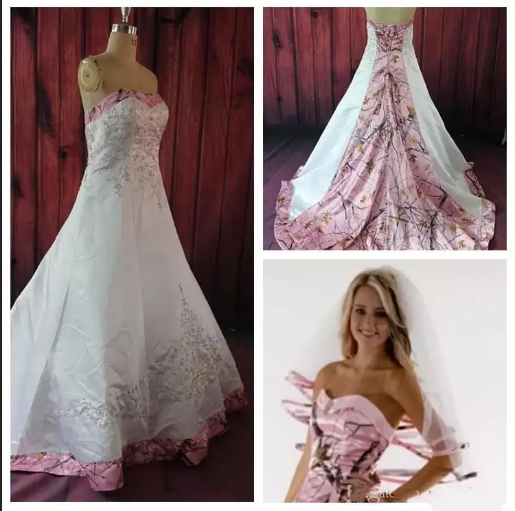 

Pink Camo A Line Camouflage Wedding Dresses With Embroidery Beaded Bridal Gowns Lace Up Back Custom Vestidos De Mariee