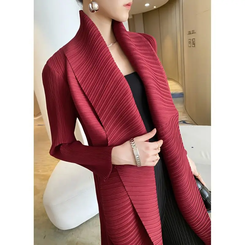 

Luxury Pleated Coat Turn Down Collar Long Sleeve Mid-length Trench Oversized Windbreaker Cardigan High-end Chic Jackets JJ1382