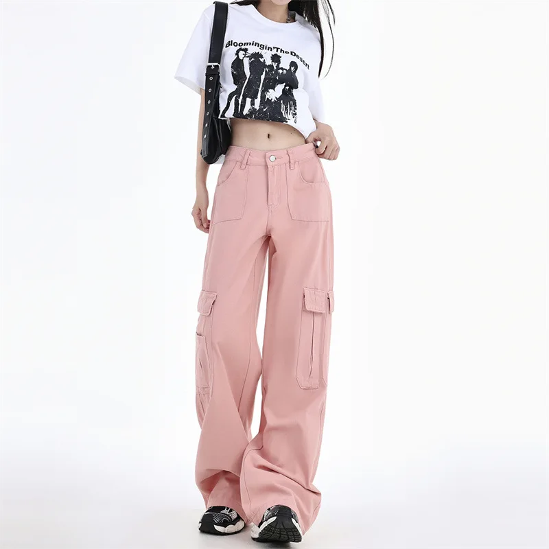 GirlsY2K Multi-color Mop Pants Loose Straight Leg Pants with Pockets Spring and Summer Retro Casual Hip-hop Workwear Denim Pants