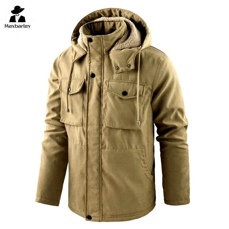 New Winter Parka Men\'s high quality Thick fleece-lined Windproof Detachable Cap Lambskin Jacket Hiking Mountain Work Warm Coat